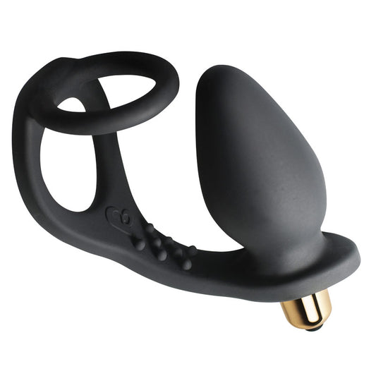 Rocks Off 7 Speed ROZen Cockring And Anal Plug Black